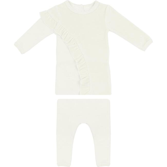 Velour French Terry Ruffle Long Sleeve Top & Pant 2-Piece Set, Ivory