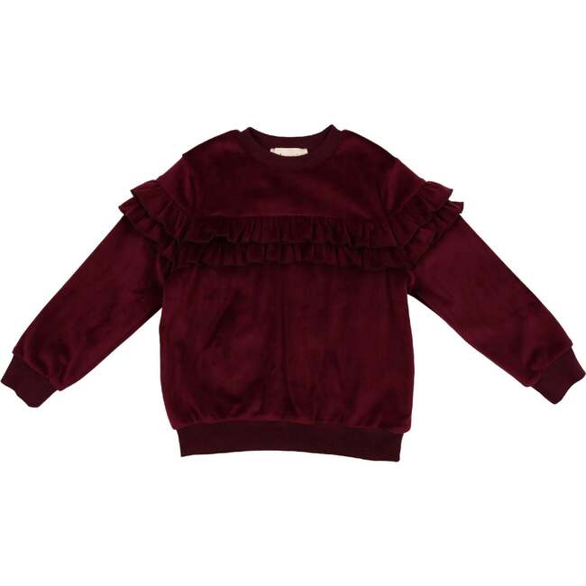 Velour Crew Neck Ruffle Chest Long Sleeve Sweatshirt, Burgundy