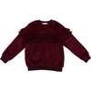 Velour Crew Neck Ruffle Chest Long Sleeve Sweatshirt, Burgundy - Sweatshirts - 1 - thumbnail