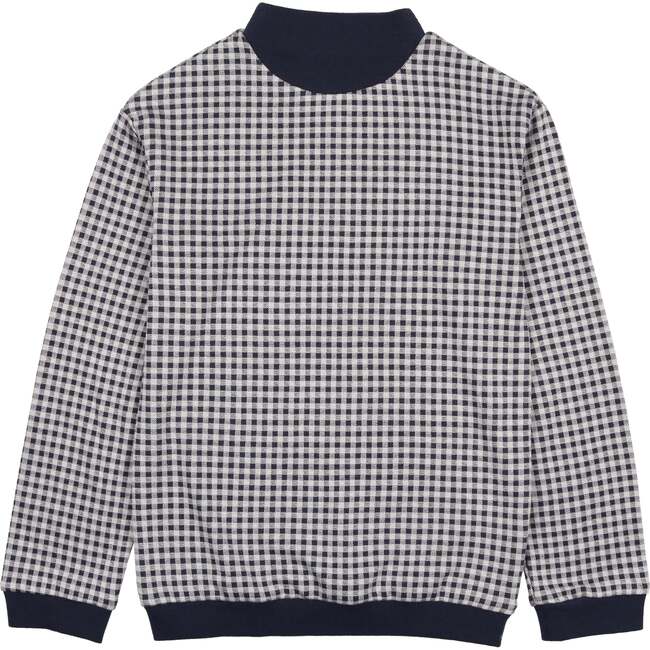 Unisex Soft Gingham Contrast Mock Neck & Cuff Top, Navy