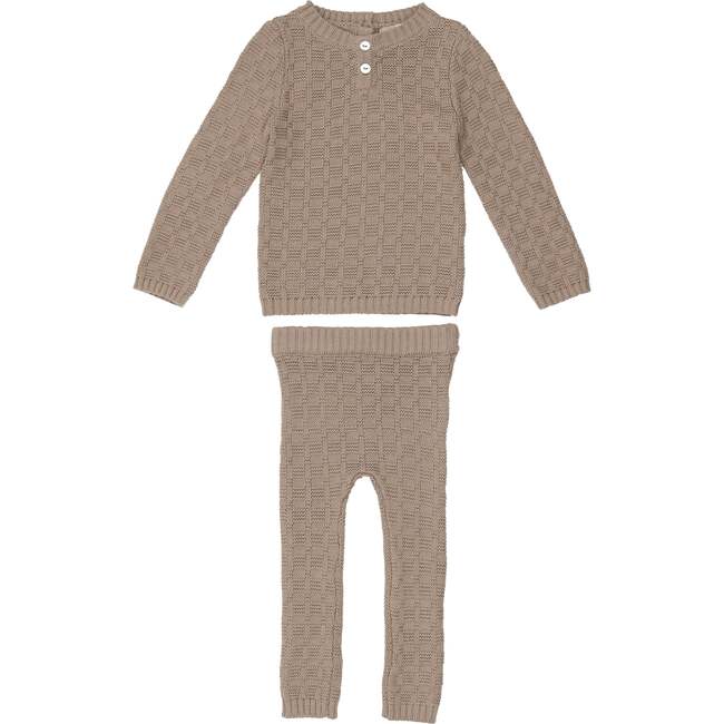 Tiny Tiles Knit Crew Neck Henley Sweater & Pant 2-Piece Set, Taupe