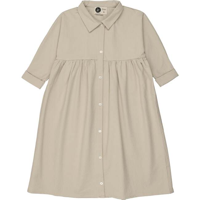 Textured Grid Rolled Cuff Short Sleeve Shirt Dress, Sand - Dresses - 2