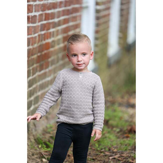 Tiny Tiles Knit Crew Neck Henley Sweater, Taupe - Sweaters - 2