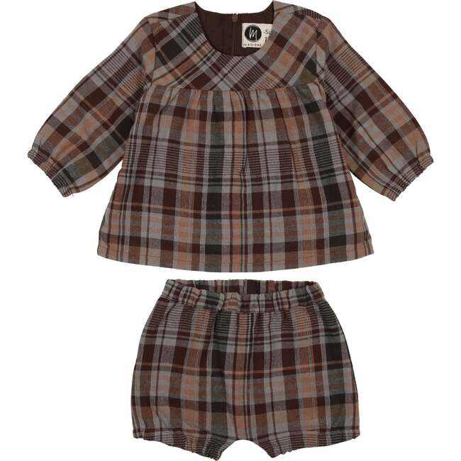 Sweet Plaid Long Puff Sleeve Top & Shorts Set, Brown