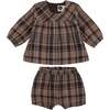 Sweet Plaid Long Puff Sleeve Top & Shorts Set, Brown - Mixed Apparel Set - 1 - thumbnail