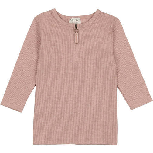 Soft Ribbed 3-Quarter Sleeve Zipped Henley Shirt, Rose