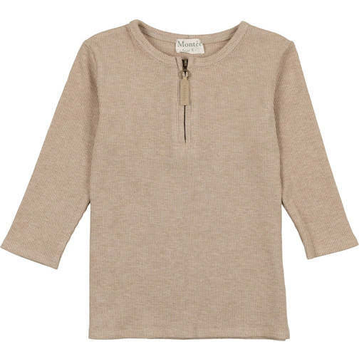 Soft Ribbed 3-Quarter Sleeve Zipped Henley Shirt, Sand