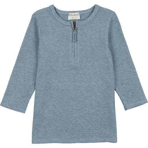 Soft Ribbed 3-Quarter Sleeve Zipped Henley Shirt, Blue