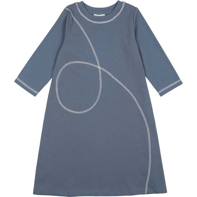 Spiral Stitch 3-Quarter Sleeve Relaxed Fit A-Line Dress, Blue - Dresses - 1