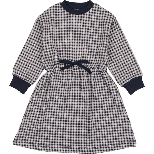 Soft Gingham Contrast Neck & Cuff Long Sleeve Dress, Navy - Dresses - 1