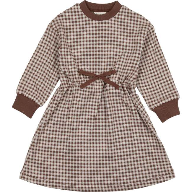 Soft Gingham Contrast Neck & Cuff Long Sleeve Dress, Mocha