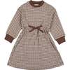 Soft Gingham Contrast Neck & Cuff Long Sleeve Dress, Mocha - Dresses - 1 - thumbnail