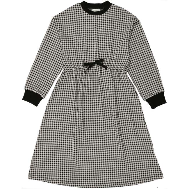 Soft Gingham Contrast Neck & Cuff Long Sleeve Dress, Black