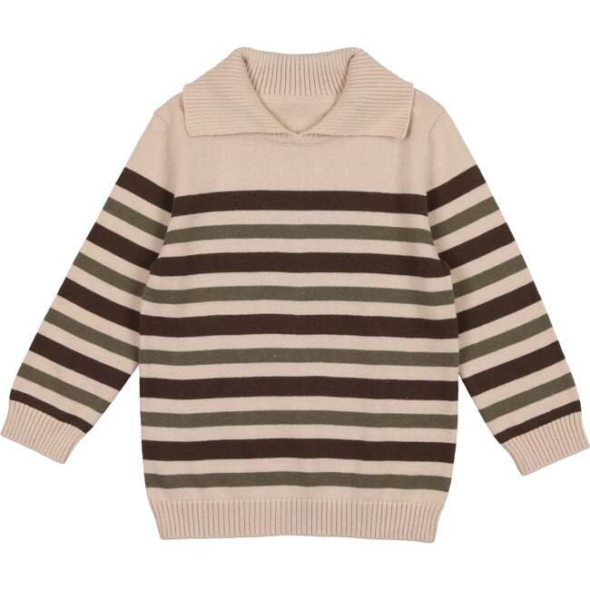 Striped Ribbed Collar Rounded V-Neck Relaxed Fit Sweater, Olive