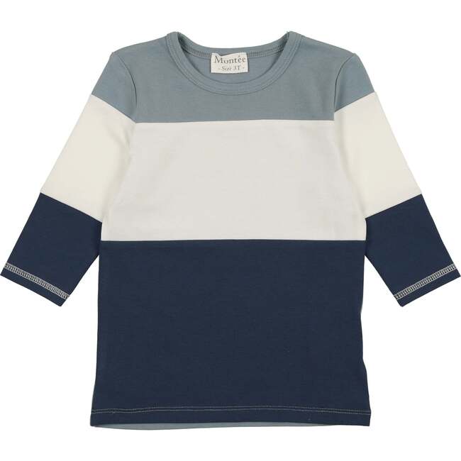 Rugby Stripe Color-Block Crew Neck Long Sleeve Shirt, Blue