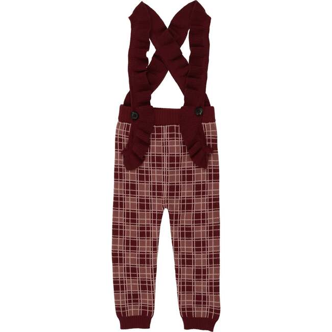 Ruffle Plaid Cross Ruffle Strap Ribbed Waist & Cuff Pant Overalls, Burgundy