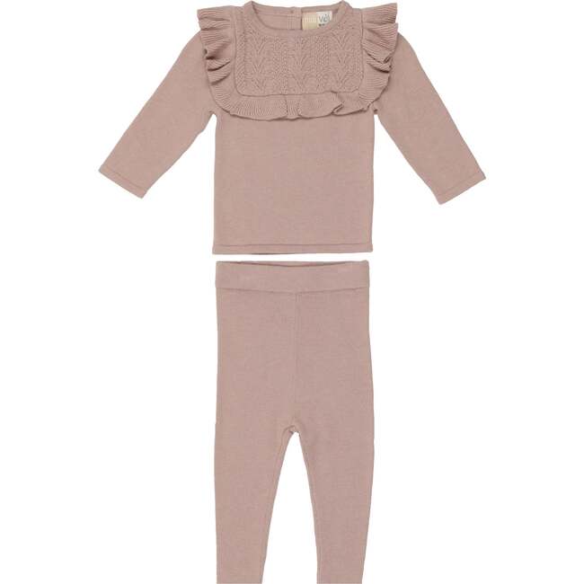 Ruffle Bib Long Sleeve Sweater & Pant 2-Piece Set, Pale Mauve