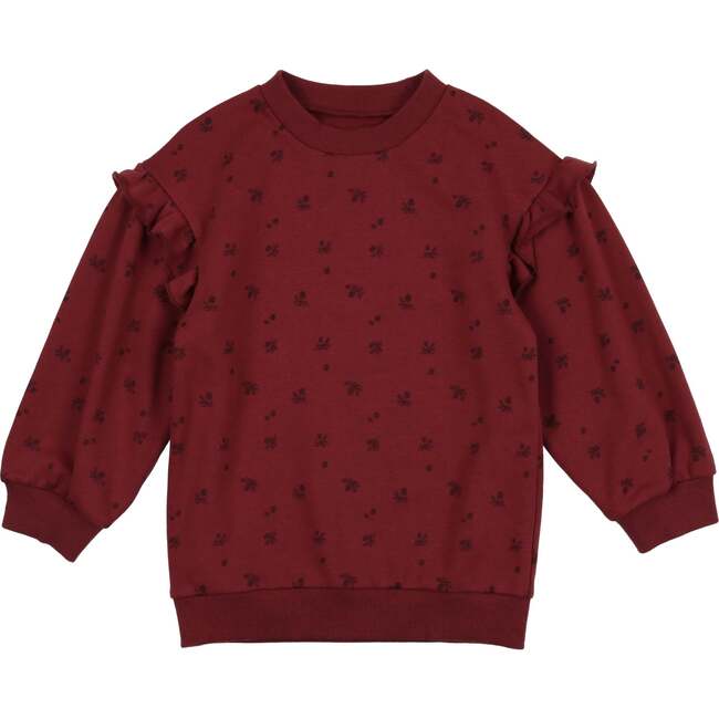 Ruffle Pine Crew Neck Ruffle Shoulder Long Sleeve Sweater, Burgundy