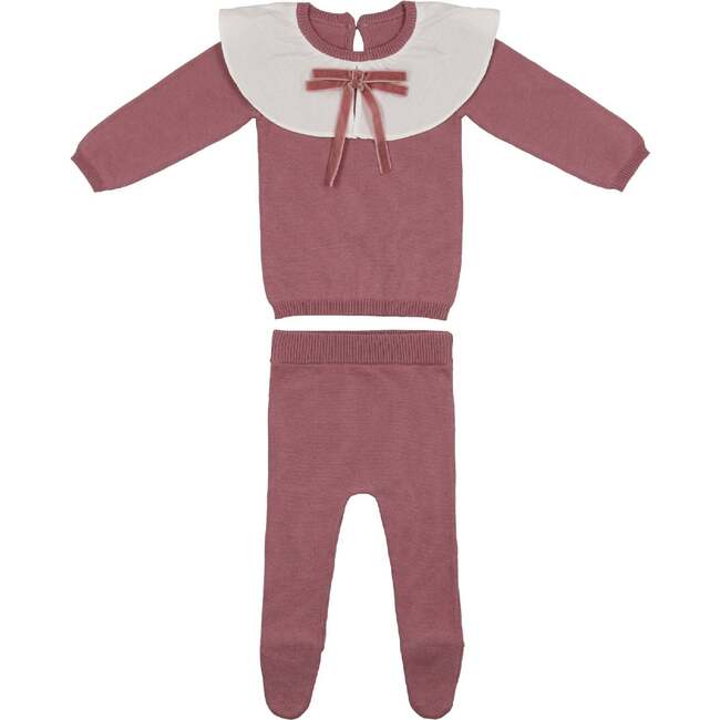 Poplin Oversized Collar Long Sleeve Sweater & Pant 2-Piece Set, Berry