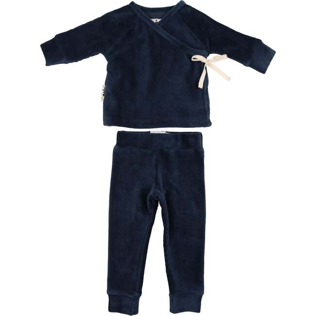 Ribbed Velour Long Sleeve Kimono Top & Pant 2-Piece Set, Deep Blue