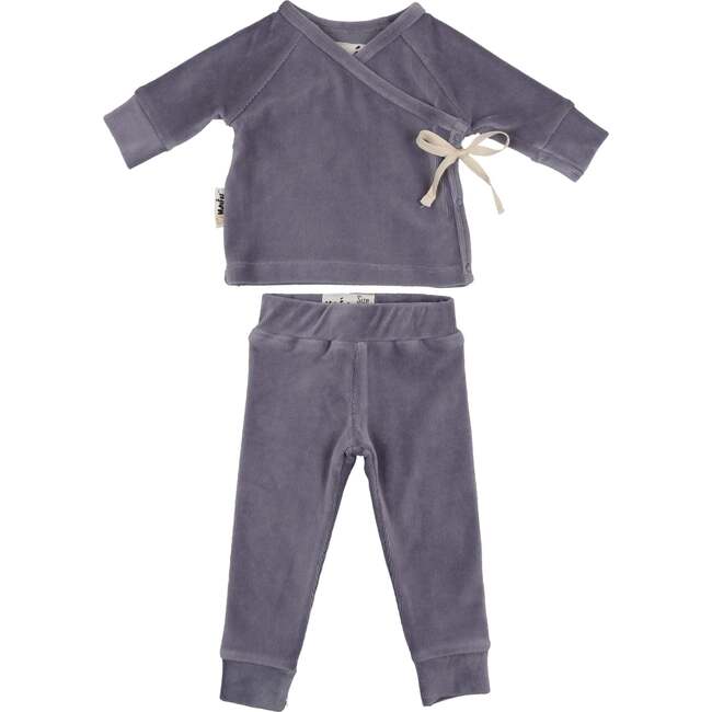 Ribbed Velour Long Sleeve Kimono Top & Pant 2-Piece Set, Steel Blue - Mixed Apparel Set - 1