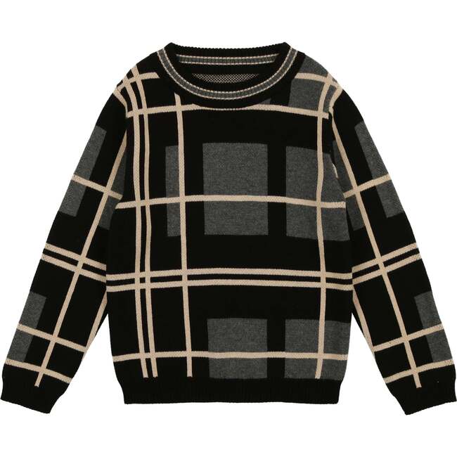 Preppy Plaid Wide Round Neck Relaxed Fit Sweater, Black & Grey