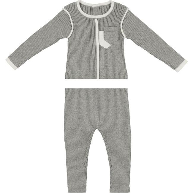 Piped Ribbed Pocket Top & Pant 2-Piece Set, Heather Grey