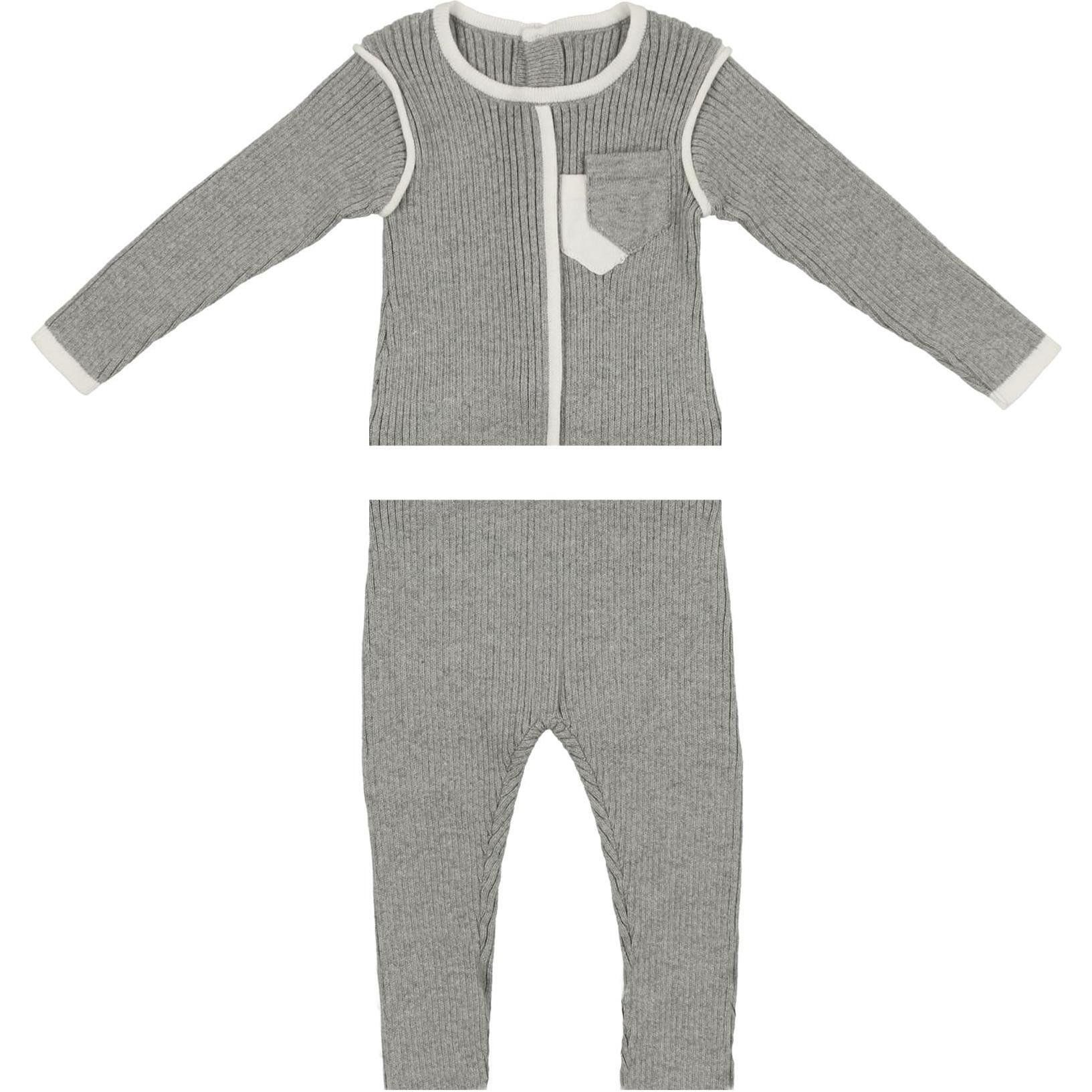 Piped Ribbed Pocket Top & Pant 2-Piece Set, Heather Grey - Mixed Apparel Set - 1