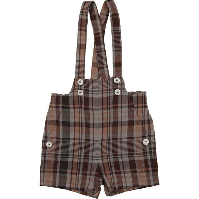 Novelty Plaid High Shoulder Strap Short Overalls, Brown - Rompers - 1