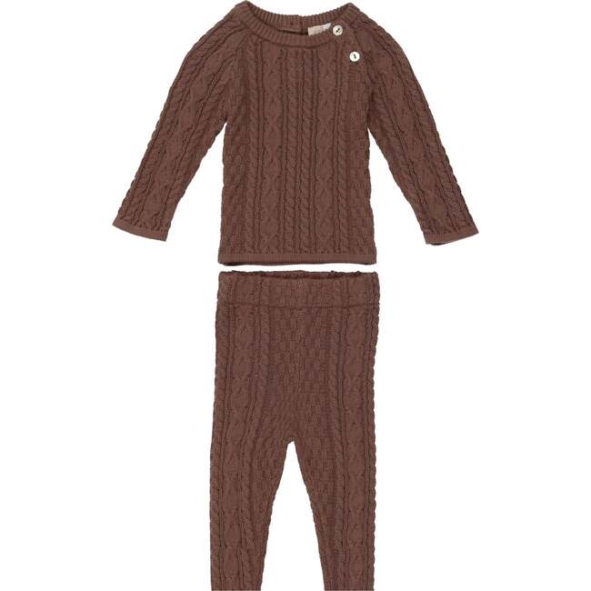 Multi Knit Shoulder Snap Long Sleeve Sweater & Pant 2-Piece Set, Taupe