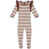 Rib Knit Striped Round Neck Ruffle Shoulder Long Sleeve Footie, Mauve - Footie Pajamas - 1 - thumbnail