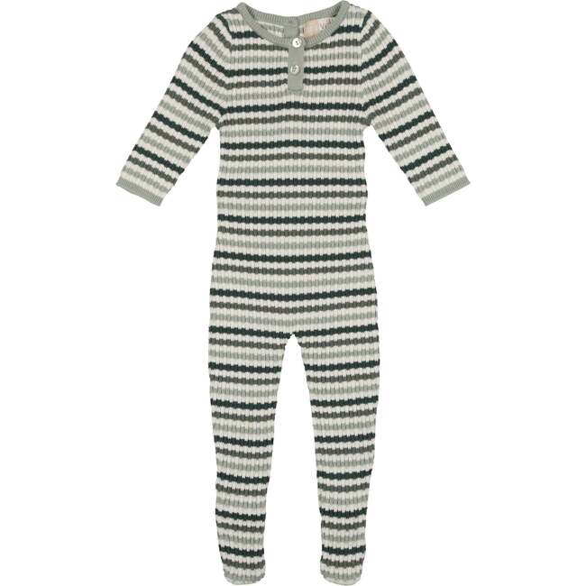 Rib Knit Striped Round Neck Long Sleeve Polo Footie, Teal - Footie Pajamas - 1