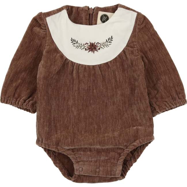 Pretty Poinsettia Bib Yoke Velour Long Sleeve Romper, Brown