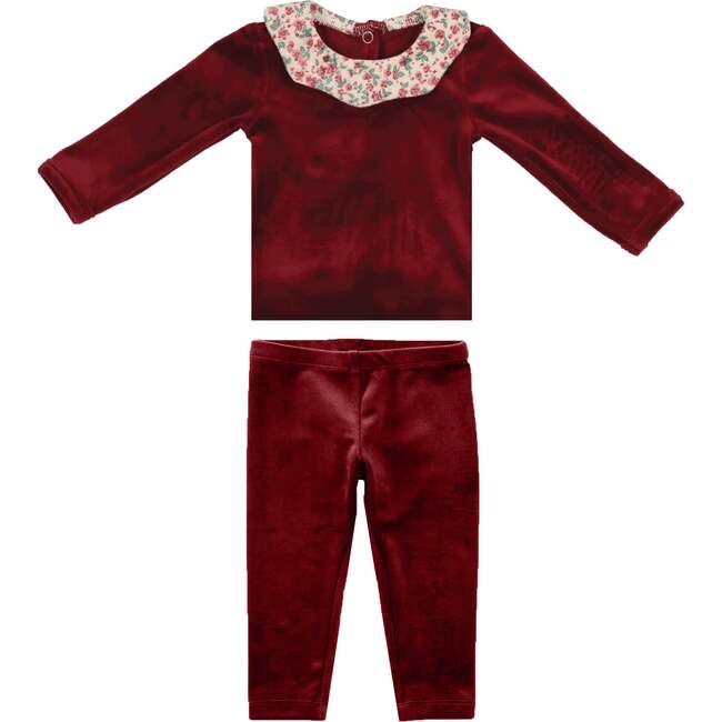 Girl's Velour Floral Peter Pan Collar Top & Pant 2-Piece Set, Ruby