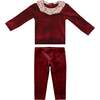 Girl's Velour Floral Peter Pan Collar Top & Pant 2-Piece Set, Ruby - Mixed Apparel Set - 1 - thumbnail