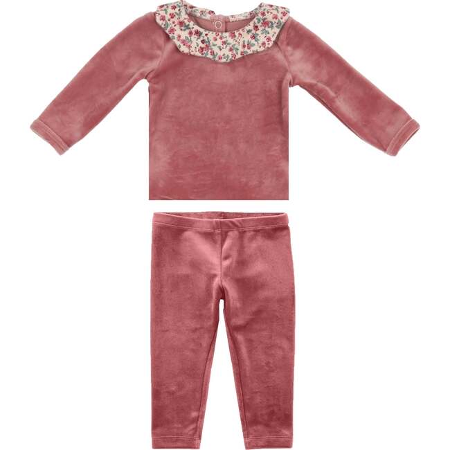 Girl's Velour Floral Peter Pan Collar Top & Pant 2-Piece Set, Mauve