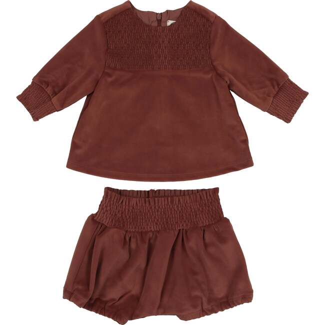 Girls Royal Velvet Smocked Top & Shorts Set, Mauve