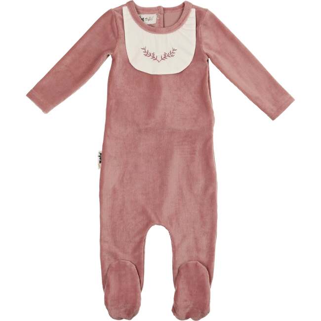 Girl's Embroidered Bib Long Sleeve Footie, Mauve - Footie Pajamas - 1