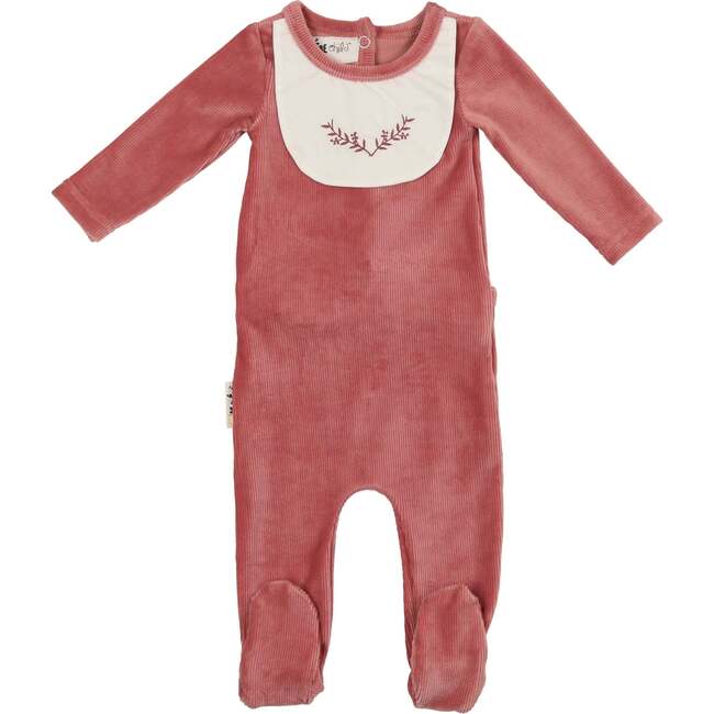 Girl's Embroidered Bib Long Sleeve Footie, Rose