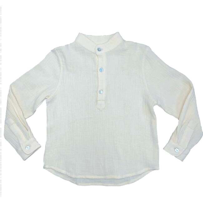 Gauze Mao Collar Half Buttoned Long Sleeve Shirt, Ivory