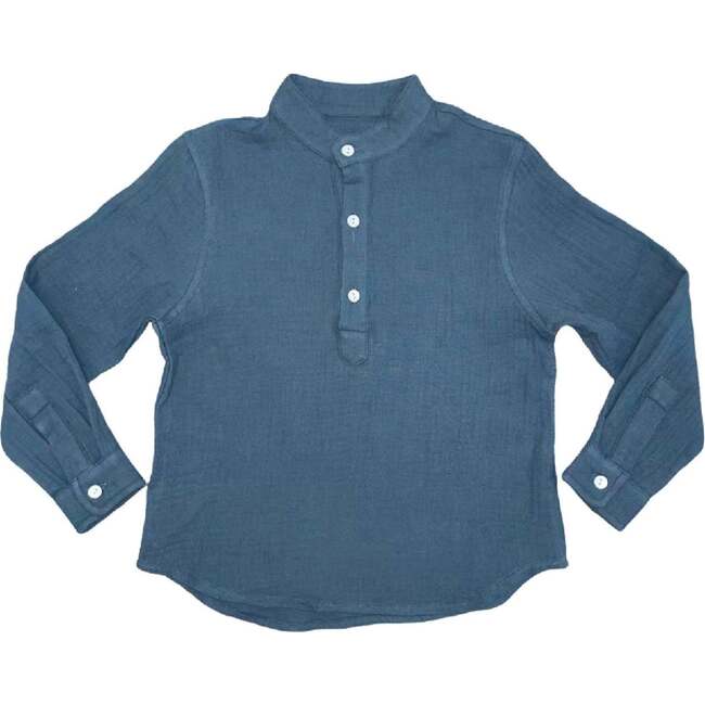 Gauze Mao Collar Half Buttoned Long Sleeve Shirt, Blue Stone