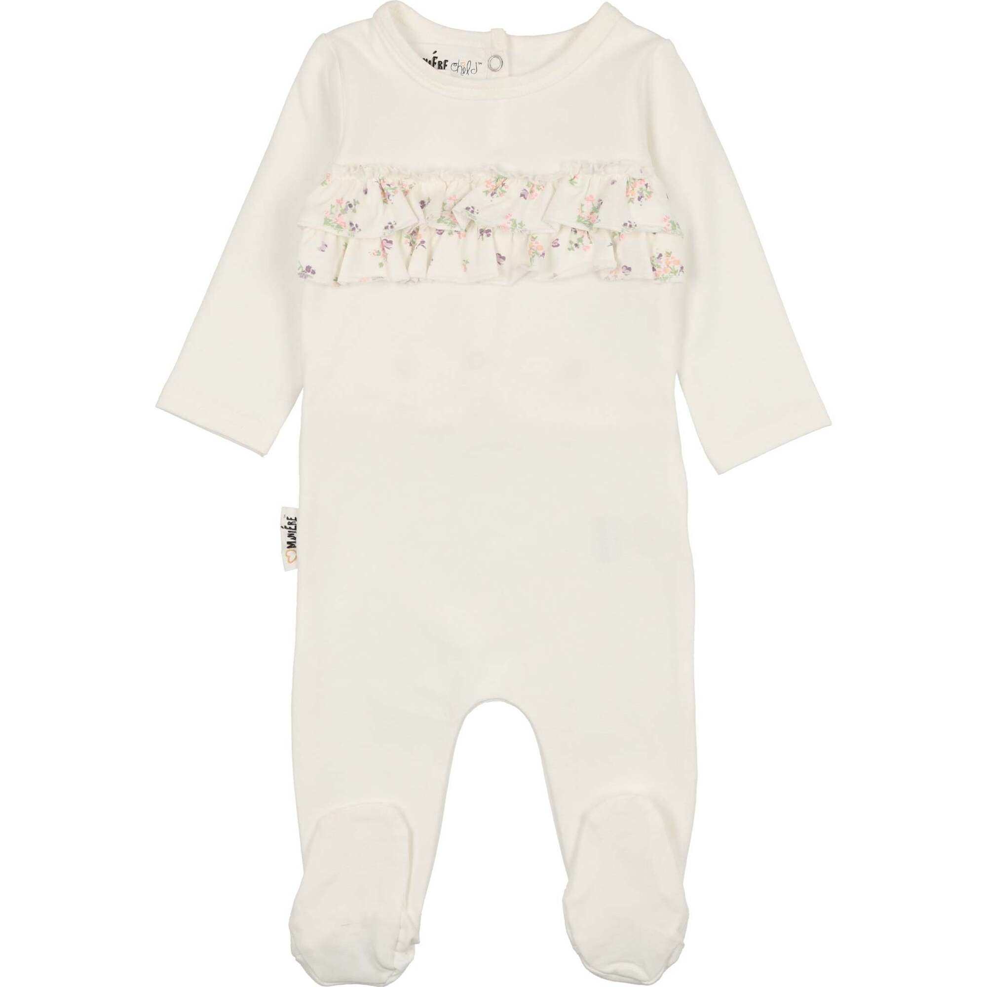 Floral Ruffle Front Long Sleeve Footie, White - Footie Pajamas - 1