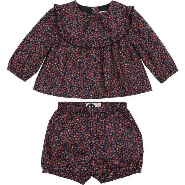 Floral Long Sleeve Yoke Top & Short 2-Piece Set, Navy - Mixed Apparel Set - 1