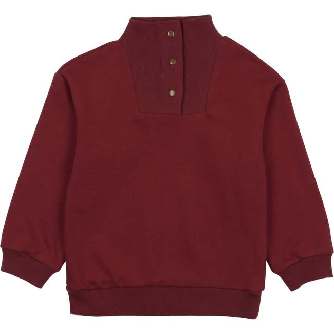 Kid Terry Mock Collat Snap Neck Long Sleeve Top, Maroon