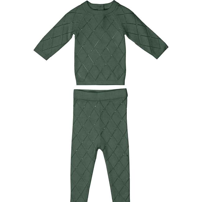 Diamond Pointelle Long Sleeve Top & Pant 2-Piece Set, Pine