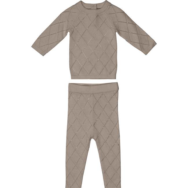 Diamond Pointelle Long Sleeve Top & Pant 2-Piece Set, Beige