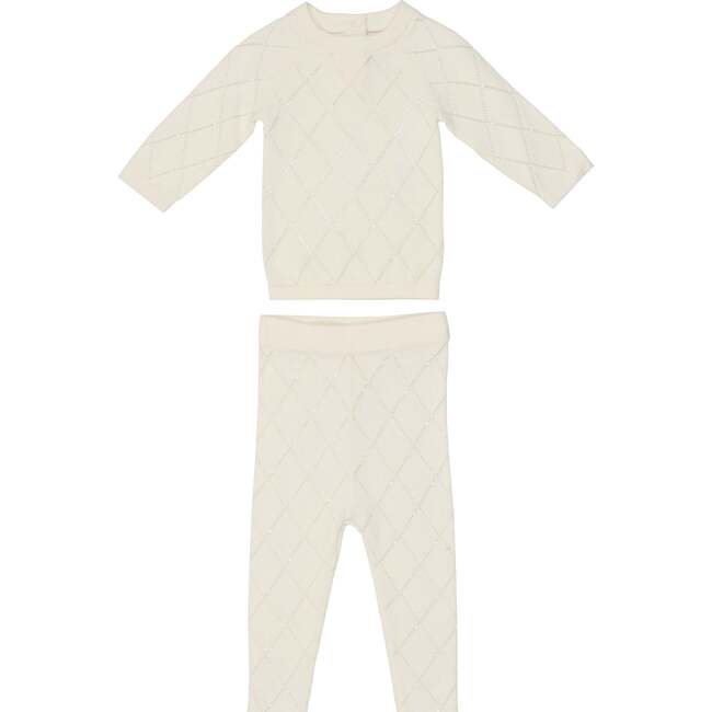 Diamond Pointelle Long Sleeve Top & Pant 2-Piece Set, Ivory