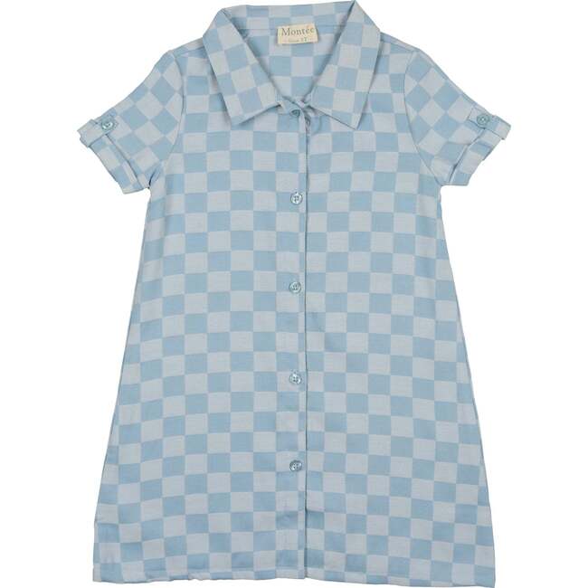 Denim Check Rolled Cuff Short Sleeve Shirt Dress, Light Blue