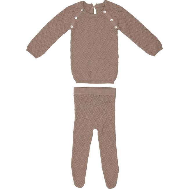 Diamond Knit Shoulder Snap Long Sleeve Sweater & Pant 2-Piece 2-Piece Set, Beige