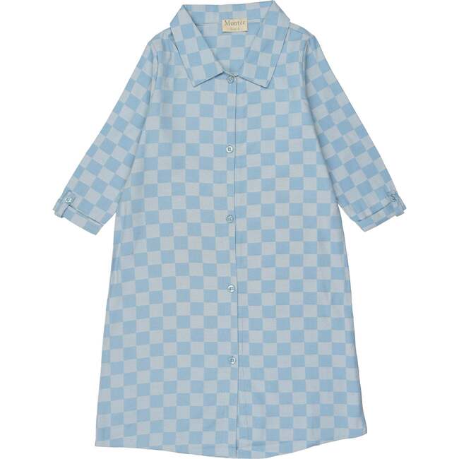 Denim Check Rolled Cuff Short Sleeve Shirt Dress, Light Blue - Dresses - 2